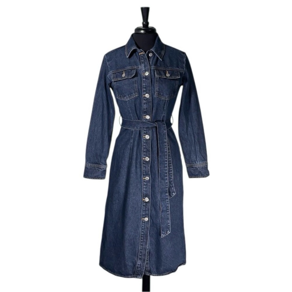Zara Demin Dark Wash Midi Button-Down Belted Long Sleeve Dress. Size Large